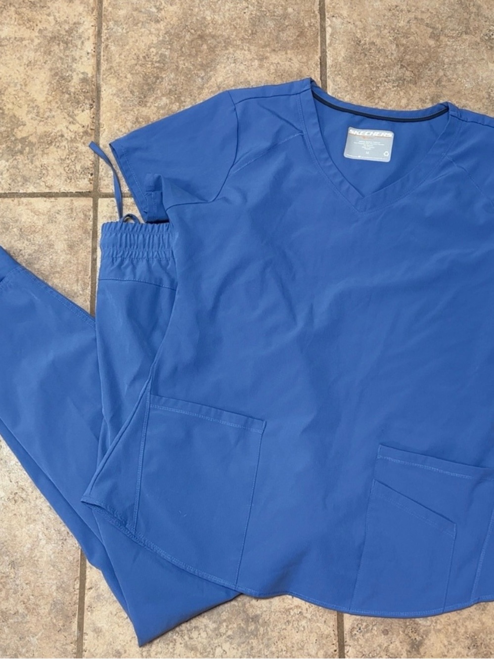Skechers Bright Blue V-Neck Scrub Top with Drawstring Pants